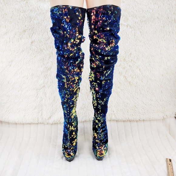Blue Iridescent Sequin Thigh High 6" Heel Slouch Boots RESTOCKED 3004 - Picture 13 of 14